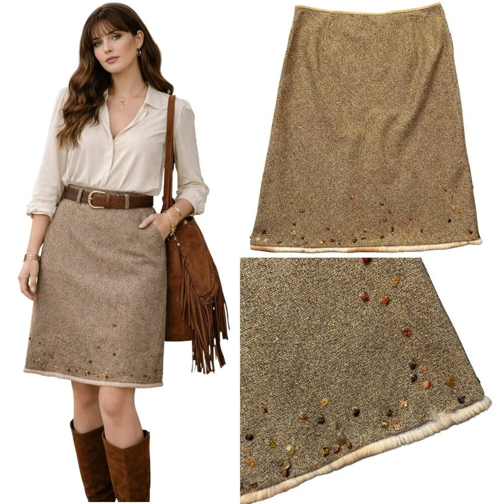 VTG 90s NEW Tahari Tweed Wool Blend Skirt Fur Hem Pepple Accents Camel Boho Chic
